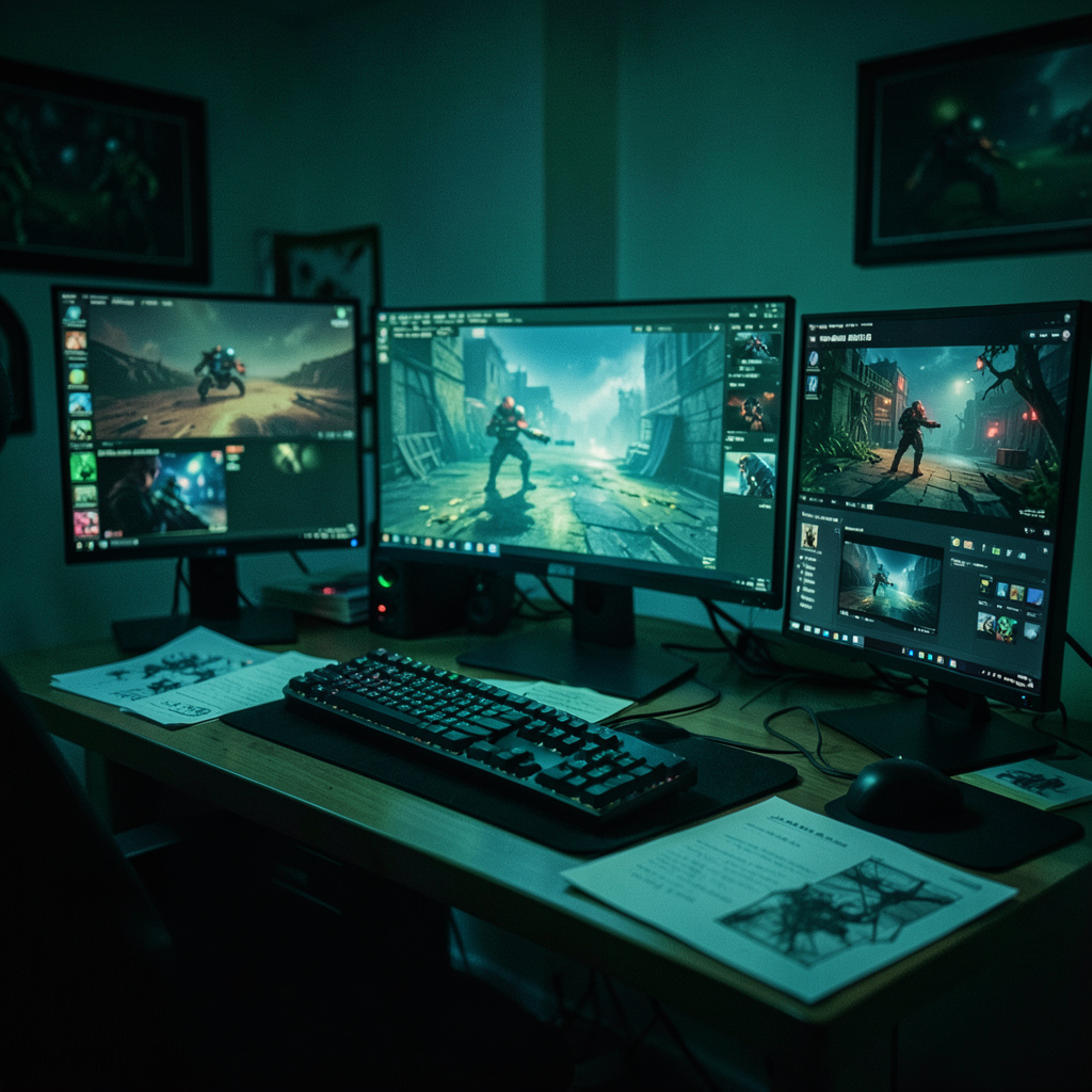 Vue stylisée et sombre d'un poste de conception de jeu vidéo, avec un éclairage bleu-vert diffus sur un bureau encombré d'écrans et de notes